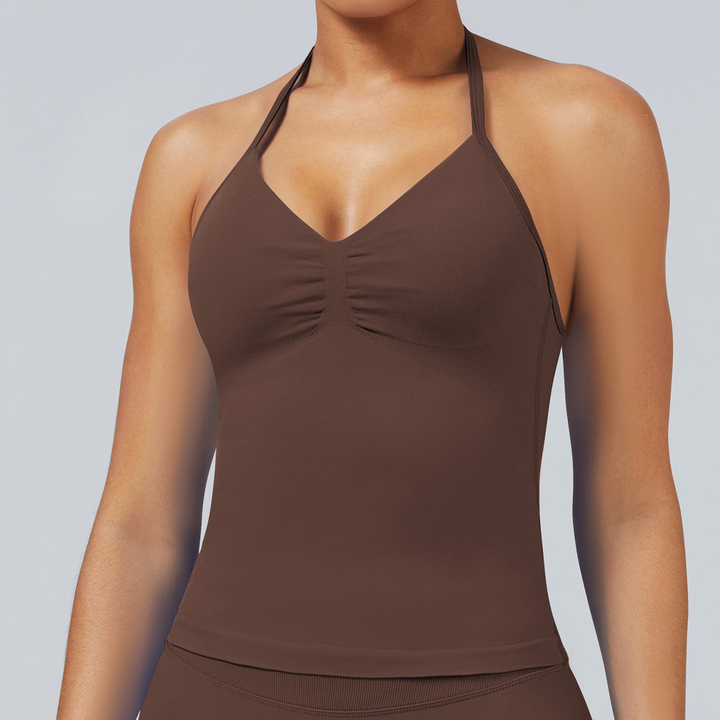 Ruched Halter Neck Seamless Yoga Tank Top - Dark Brown