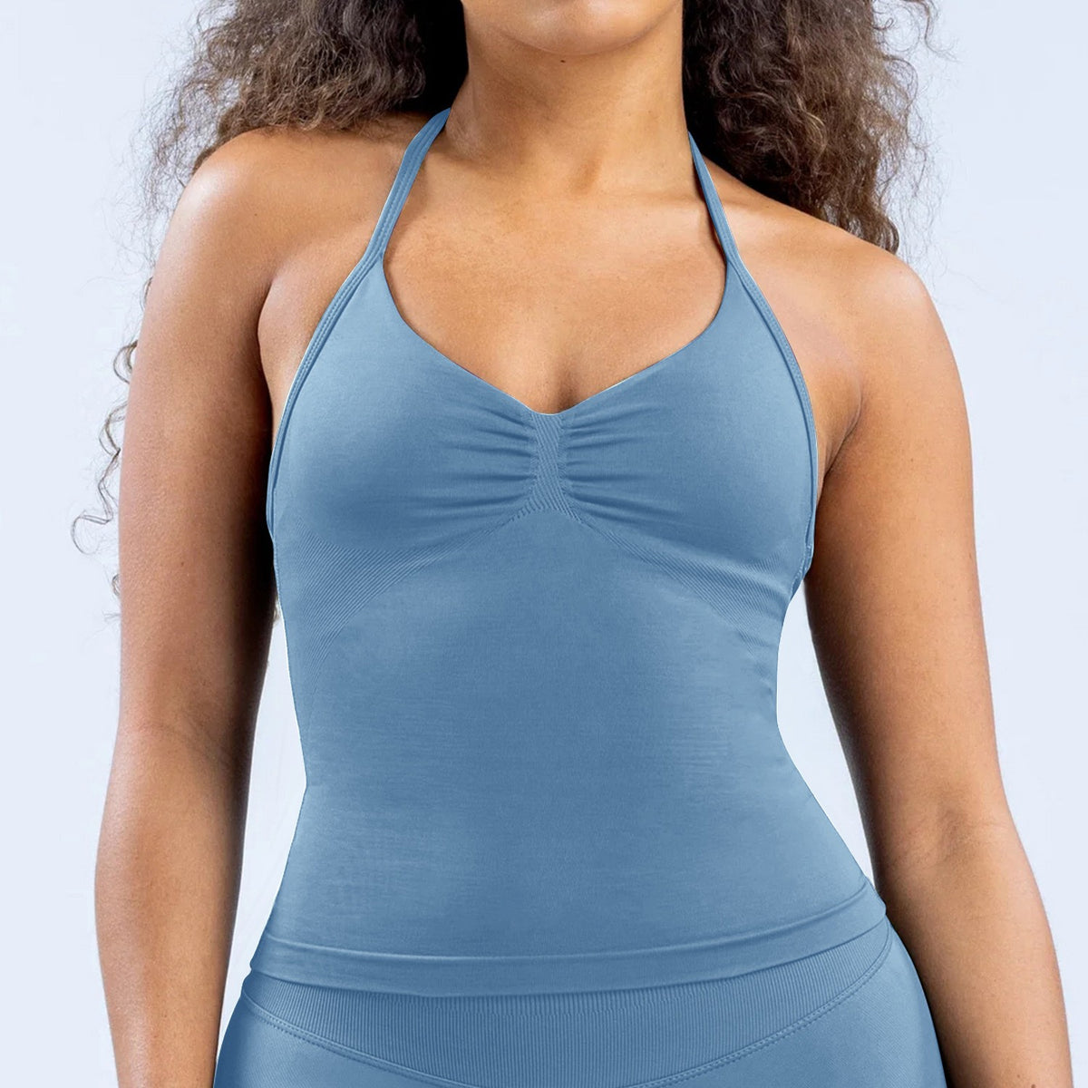 Ruched Halter Neck Seamless Yoga Tank Top - Dusty Blue