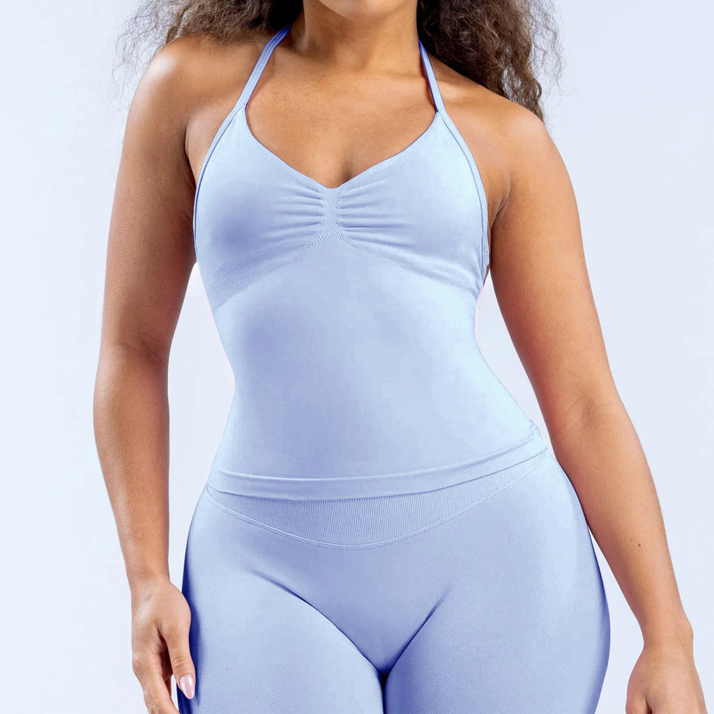Ruched Halter Neck Seamless Yoga Tank Top - Ice Blue