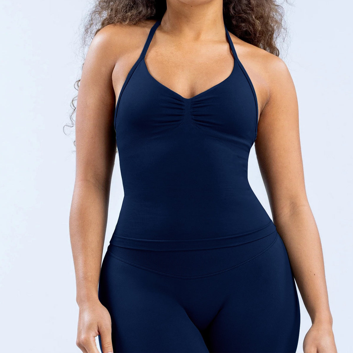 Ruched Halter Neck Seamless Yoga Tank Top - Ink Navy