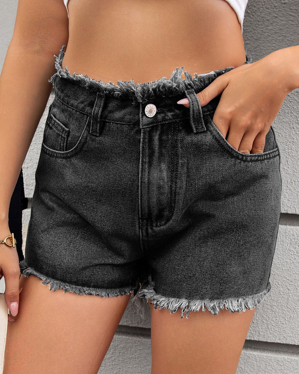 High Waist Raw Hem Denim Shorts - Black - 1
