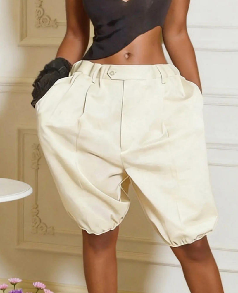 Pleated Bloomer Shorts With Cuffed Hem - Beige