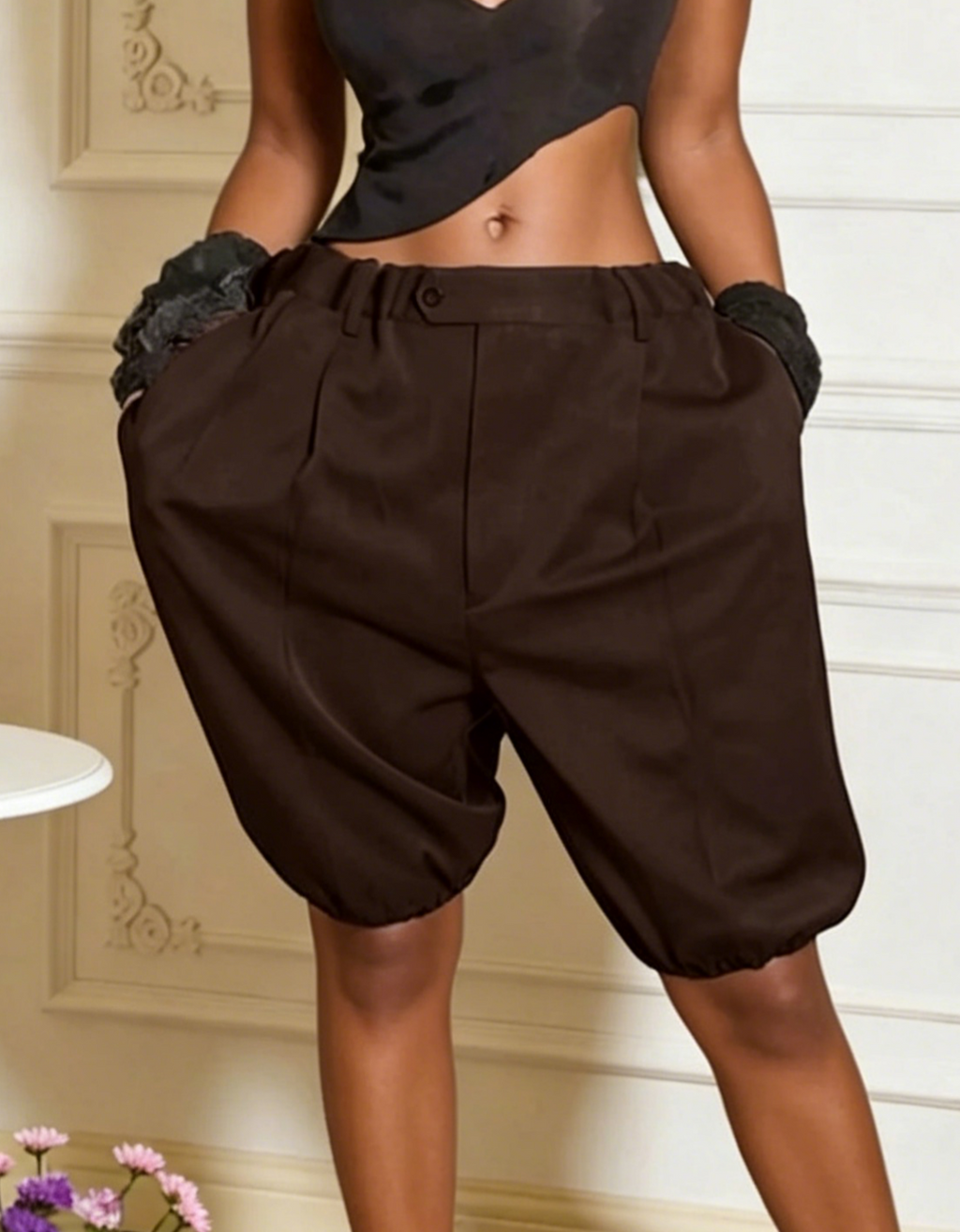Pleated Bloomer Shorts With Cuffed Hem - Brown