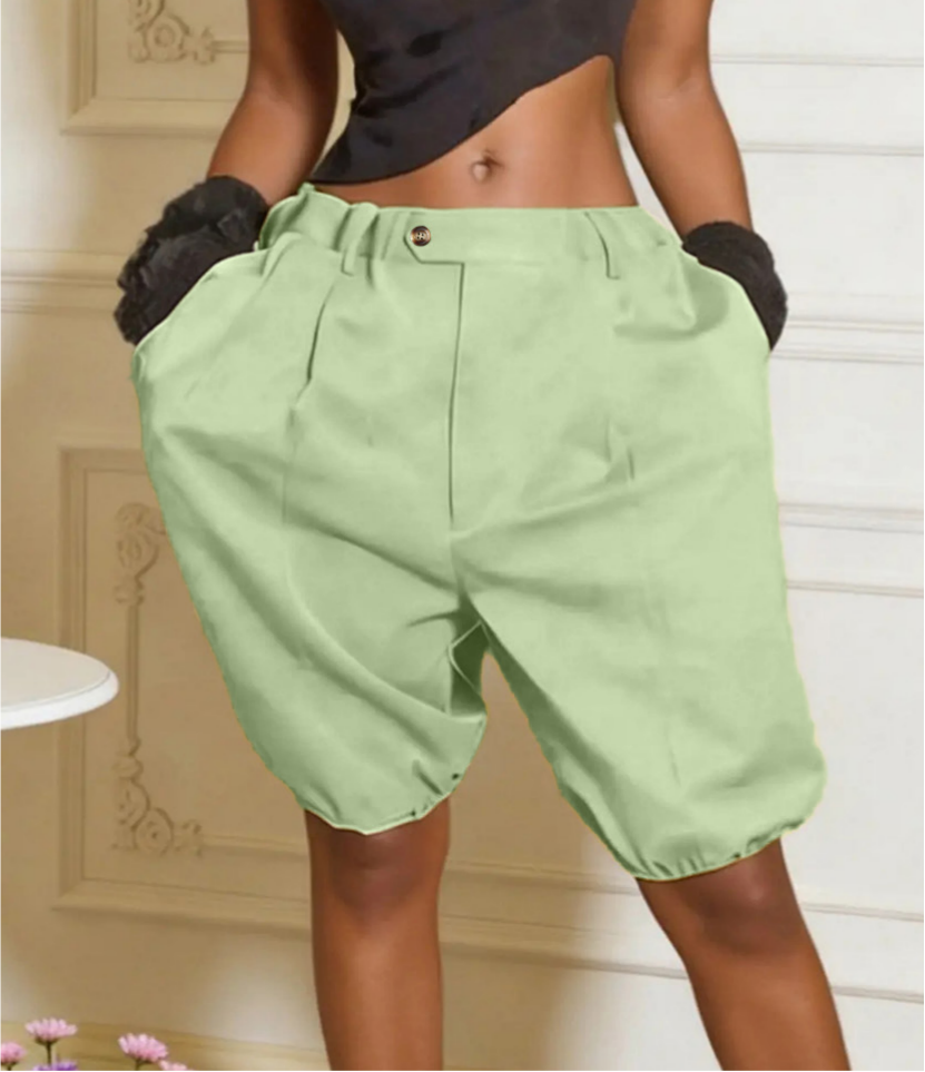 Pleated Bloomer Shorts With Cuffed Hem - Green
