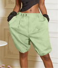 Pleated Bloomer Shorts With Cuffed Hem - Green