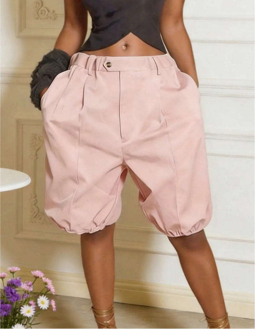 Pleated Bloomer Shorts With Cuffed Hem - Pink