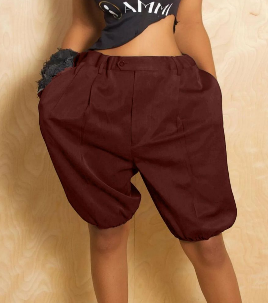 Pleated Bloomer Shorts With Cuffed Hem - Wine_red