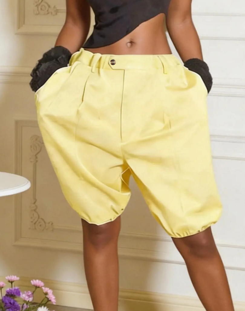 Pleated Bloomer Shorts With Cuffed Hem - Yellow