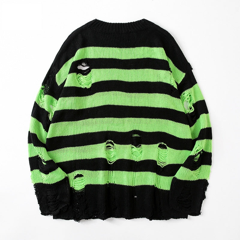 Distressed Striped Oversized Knit Sweater - Green