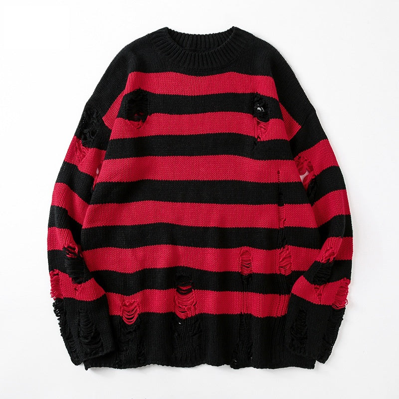 Distressed Striped Oversized Knit Sweater - Red