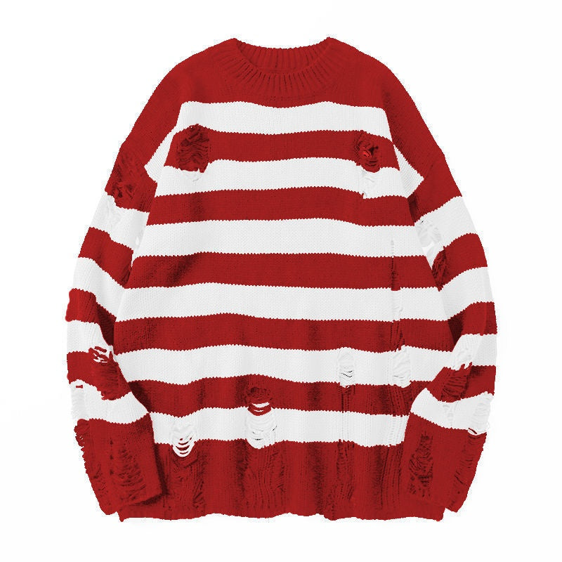 Distressed Striped Oversized Knit Sweater - RedWhite