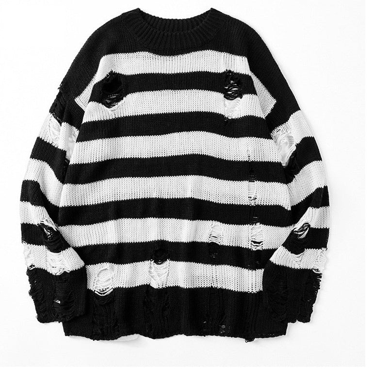 Distressed Striped Oversized Knit Sweater - White