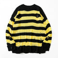 Distressed Striped Oversized Knit Sweater - Yellow