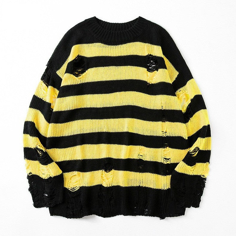 Distressed Striped Oversized Knit Sweater - Yellow