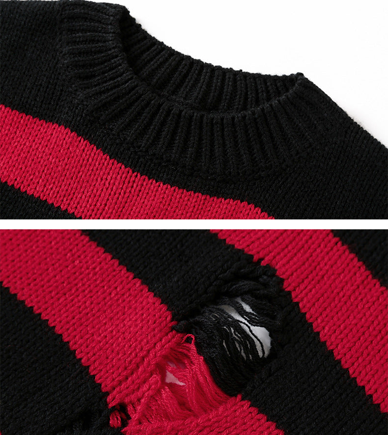 Distressed Striped Oversized Knit Sweater - view 3