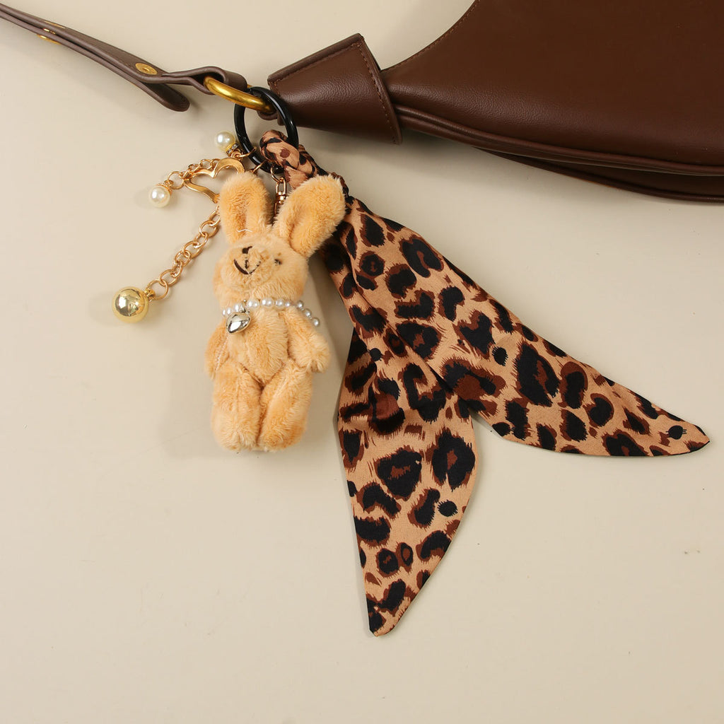 Plush Bunny Keychain With Animal Print Scarf - Leopard - 1