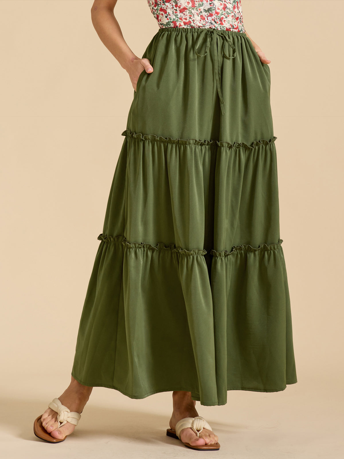 Tiered A-Line Maxi Skirt With Pockets - Green