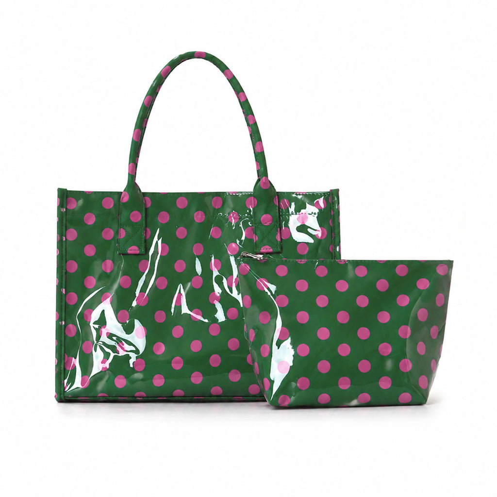 Polka Dot Tote And Zip Pouch Set - Green - 1