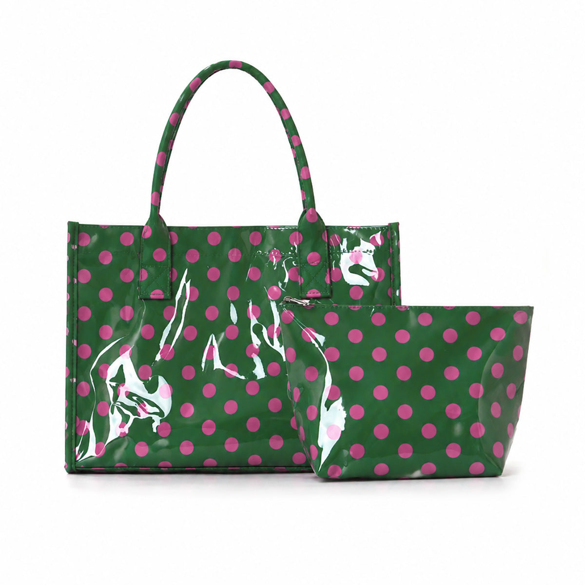 Polka Dot Tote And Zip Pouch Set - Green - 1