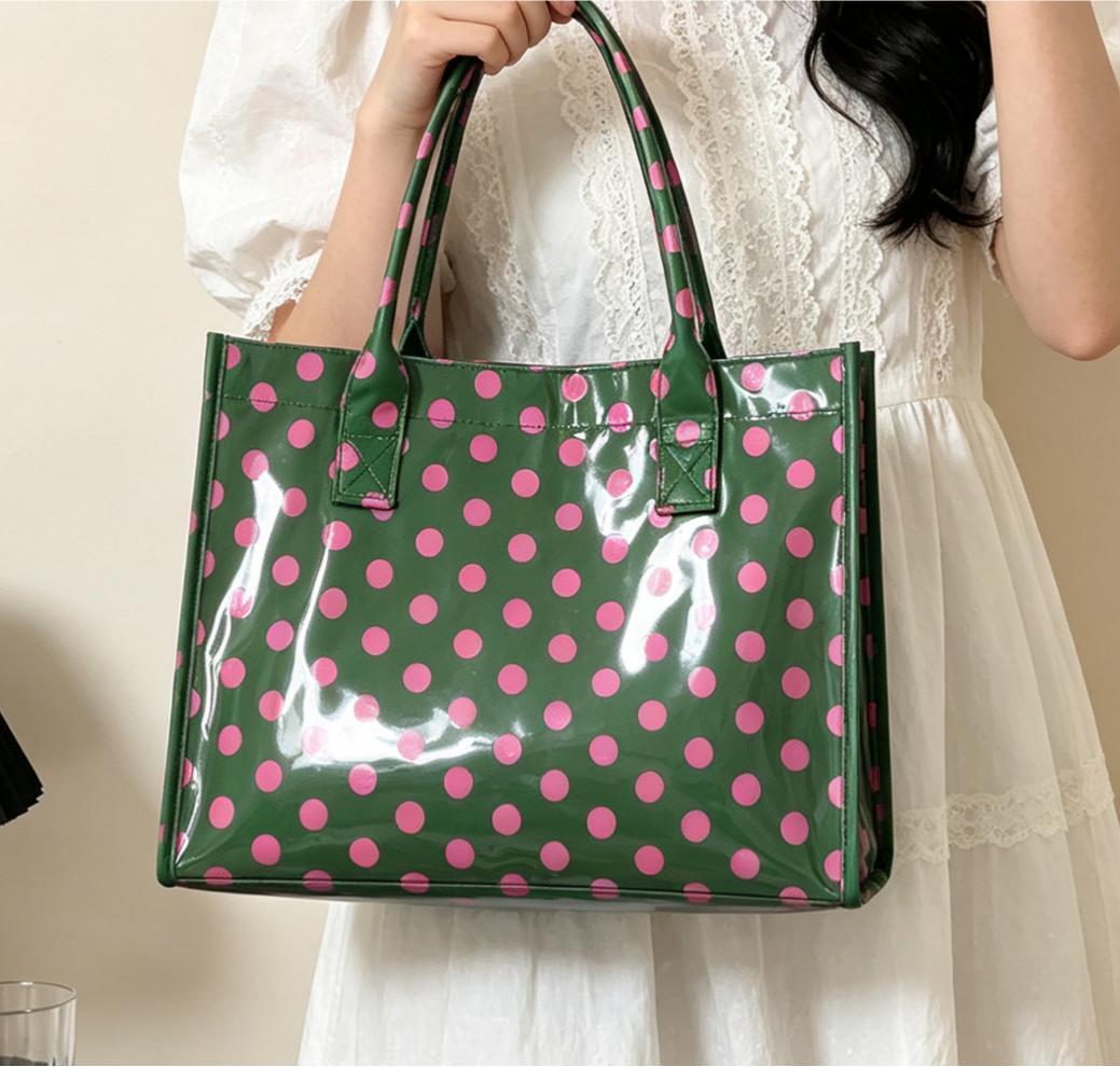 Polka Dot Tote And Zip Pouch Set - Green - 4