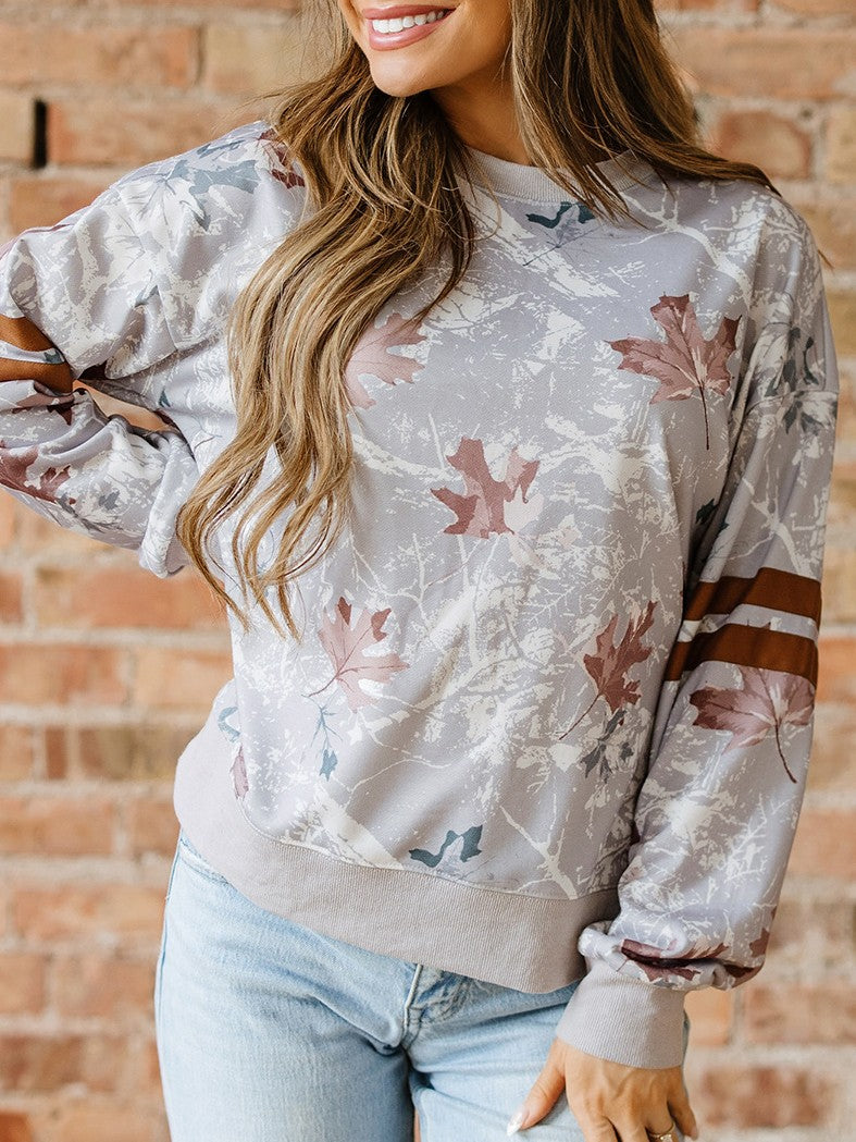 Autumn Leaf Print Sweatshirt With Striped Sleeves - camo - 2