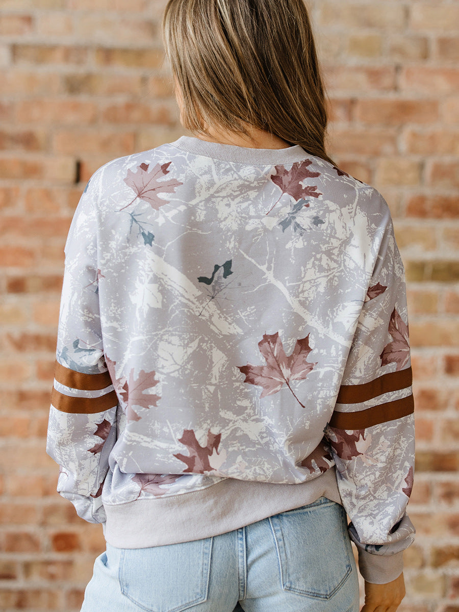 Autumn Leaf Print Sweatshirt With Striped Sleeves - camo - 4