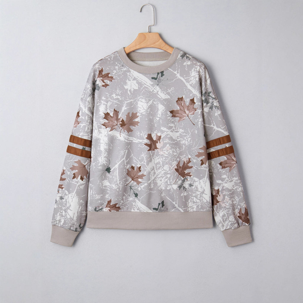 Autumn Leaf Print Sweatshirt With Striped Sleeves - camo - 6