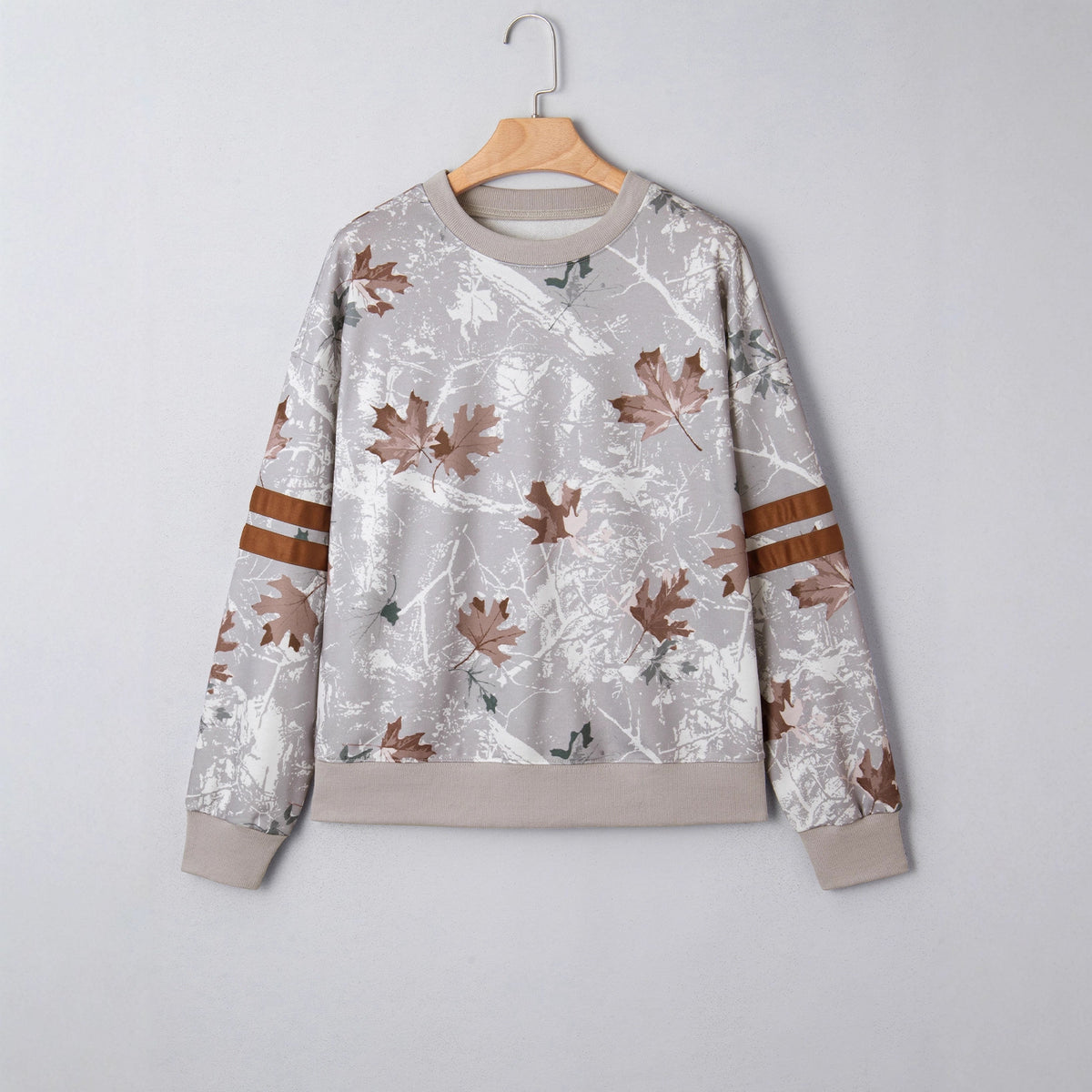 Autumn Leaf Print Sweatshirt With Striped Sleeves - camo - 6