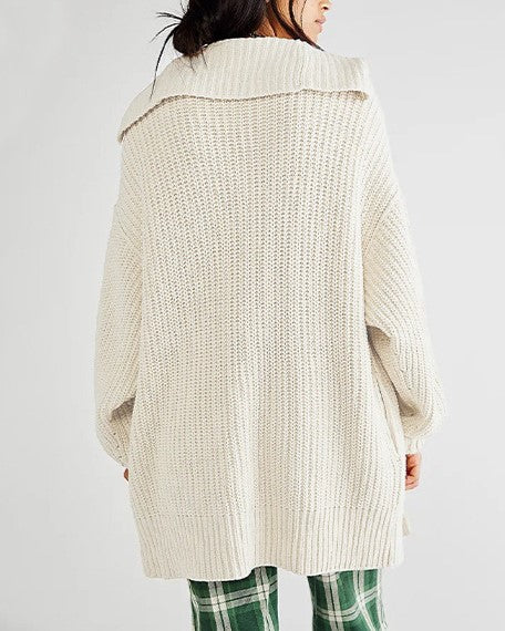 Chunky Ribbed Lapel Collar Longline Cardigan - Apricot - 1