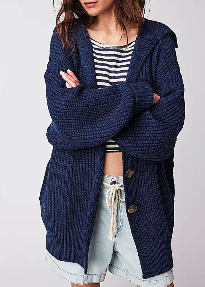 Chunky Ribbed Lapel Collar Longline Cardigan - DarkBlue