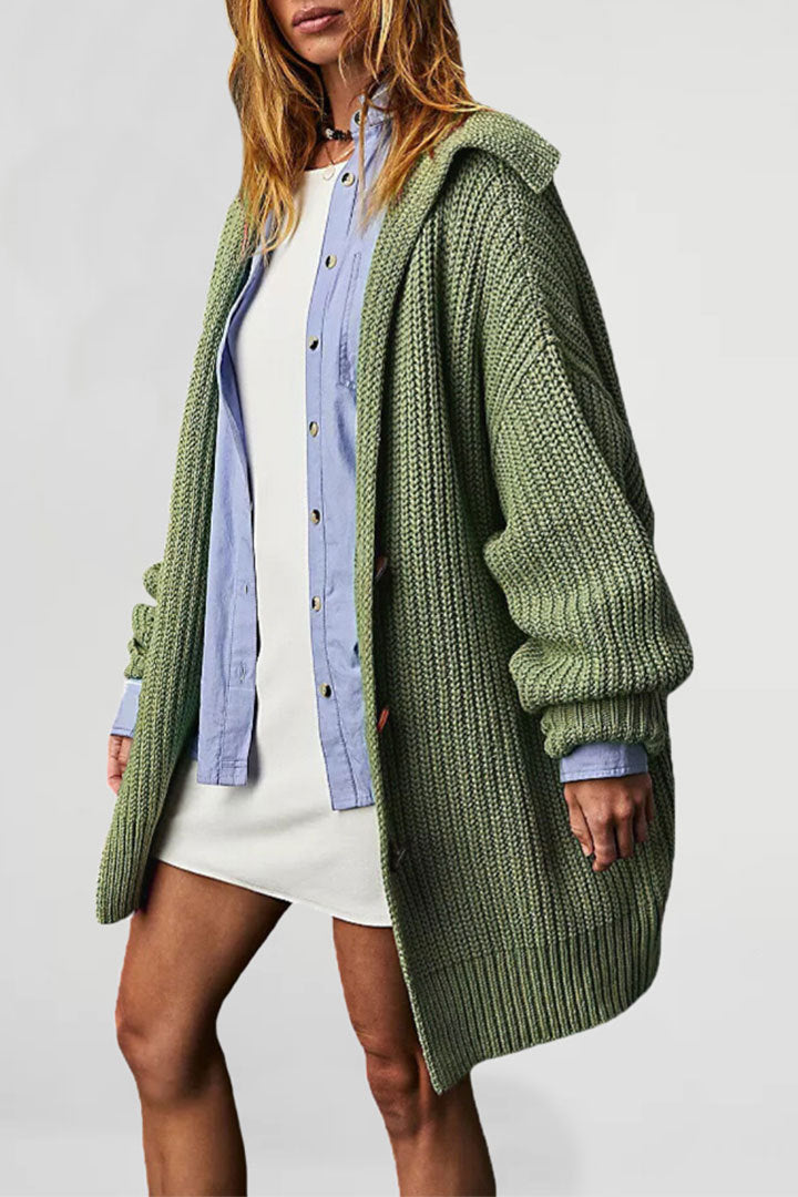Chunky Ribbed Lapel Collar Longline Cardigan - Green