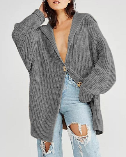 Chunky Ribbed Lapel Collar Longline Cardigan - Grey