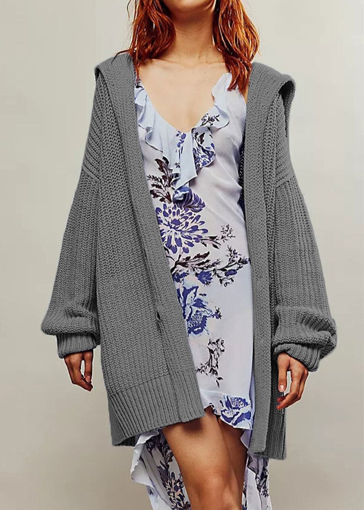 Chunky Ribbed Lapel Collar Longline Cardigan - Grey - 1