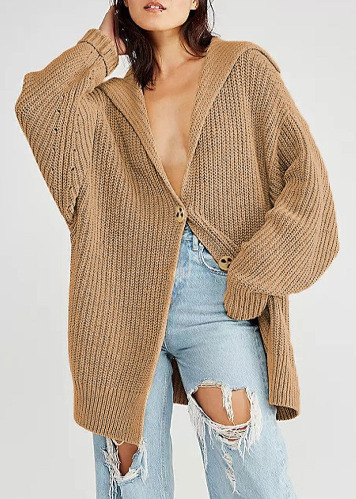 Chunky Ribbed Lapel Collar Longline Cardigan - Khaki