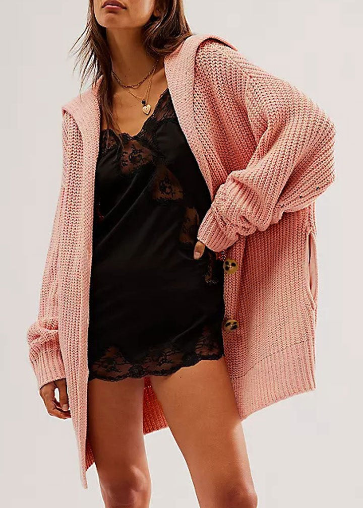 Chunky Ribbed Lapel Collar Longline Cardigan - Pink