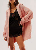 Chunky Ribbed Lapel Collar Longline Cardigan - Pink