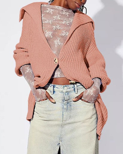 Chunky Ribbed Lapel Collar Longline Cardigan - Pink - 1