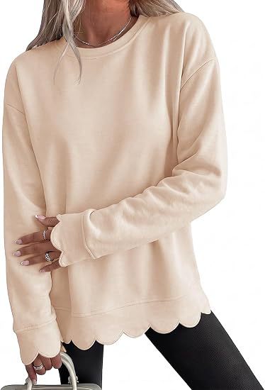 Scalloped Hem Crew Neck Relaxed Sweatshirt - Apricot