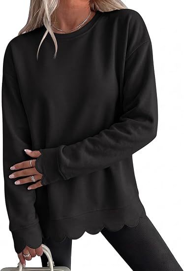Scalloped Hem Crew Neck Relaxed Sweatshirt - Black