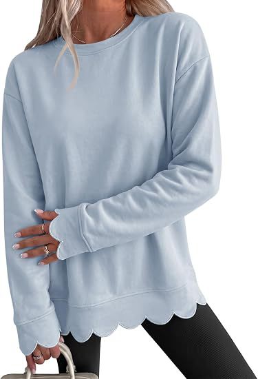 Scalloped Hem Crew Neck Relaxed Sweatshirt - Blue