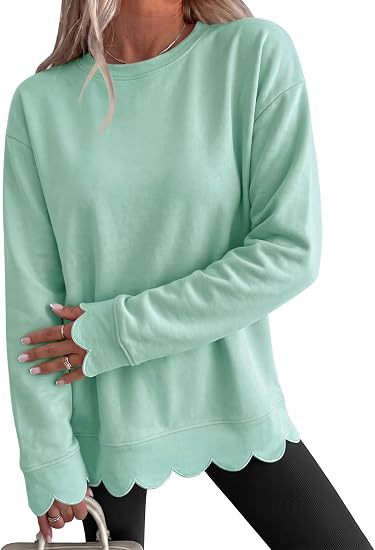Scalloped Hem Crew Neck Relaxed Sweatshirt - Green