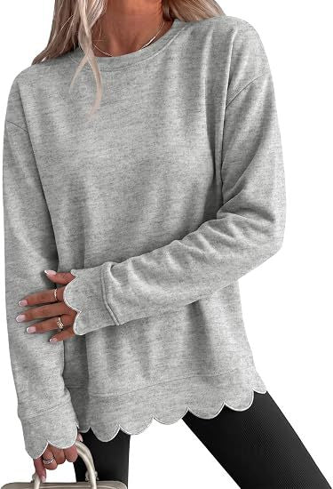 Scalloped Hem Crew Neck Relaxed Sweatshirt - Grey