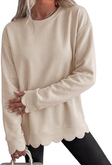 Scalloped Hem Crew Neck Relaxed Sweatshirt - Khaki - 1