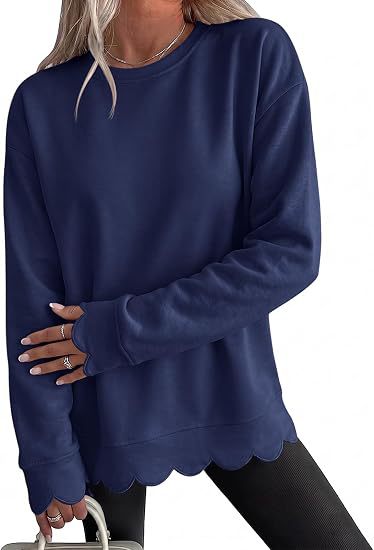 Scalloped Hem Crew Neck Relaxed Sweatshirt - Navy