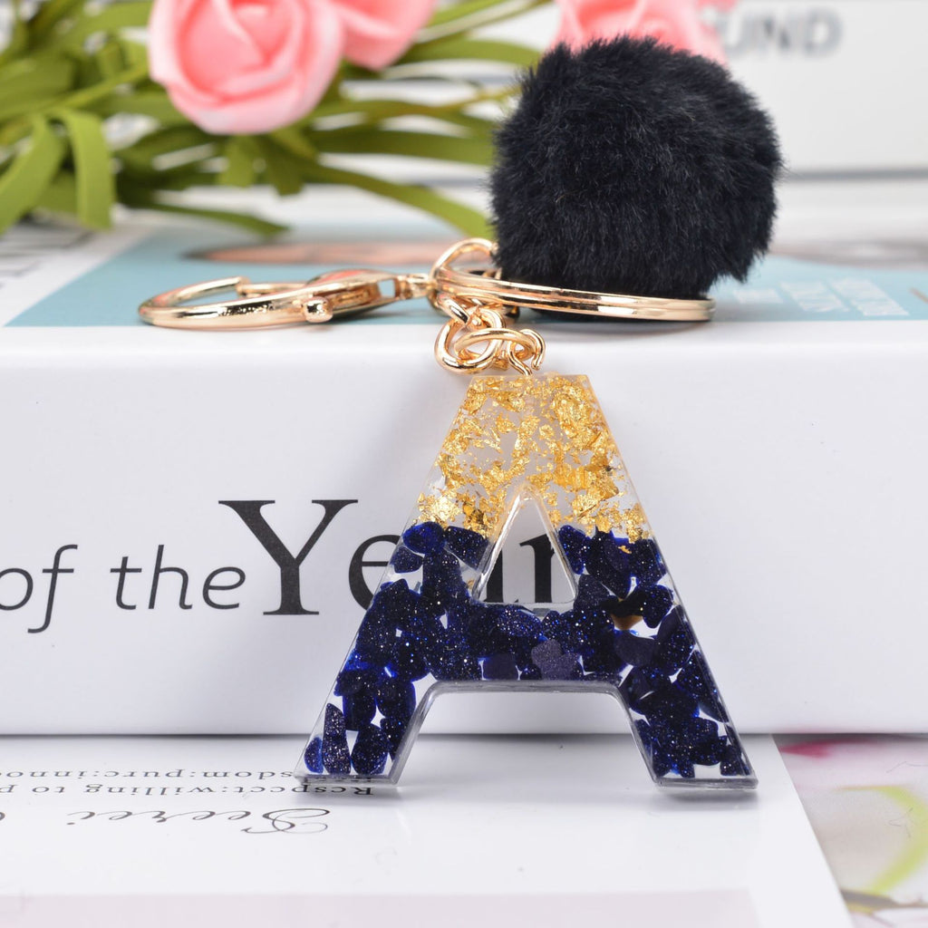 Glitter Resin Initial Keychain With Fur Pom - A