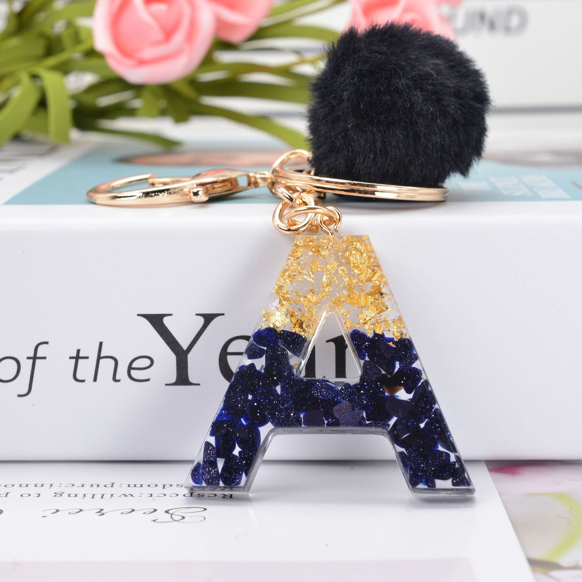 Glitter Resin Initial Keychain With Fur Pom - A