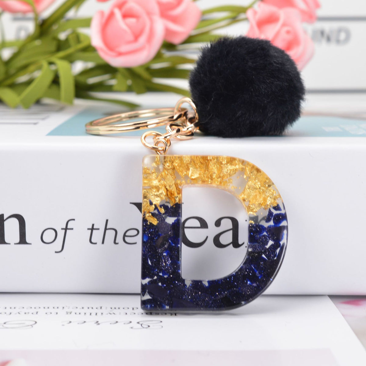 Glitter Resin Initial Keychain With Fur Pom - D