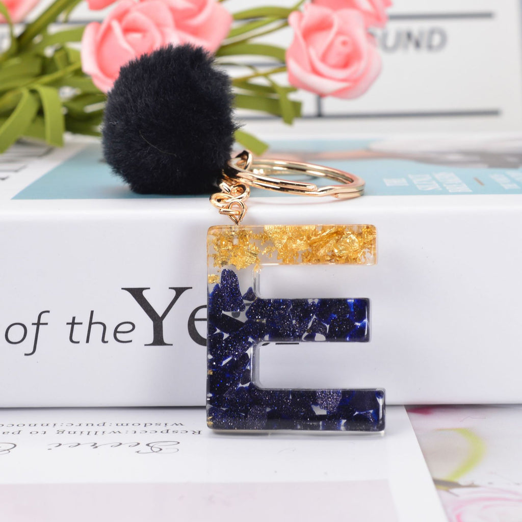 Glitter Resin Initial Keychain With Fur Pom - E