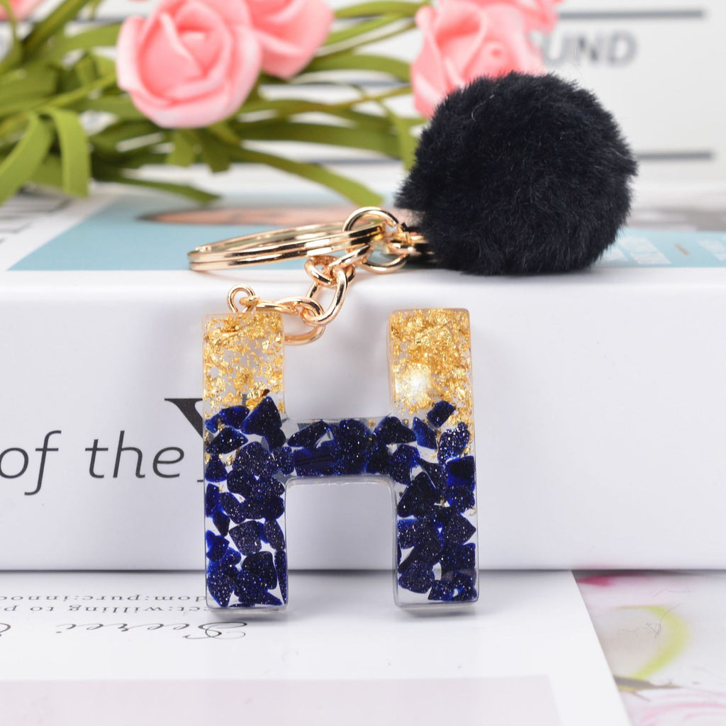 Glitter Resin Initial Keychain With Fur Pom - H