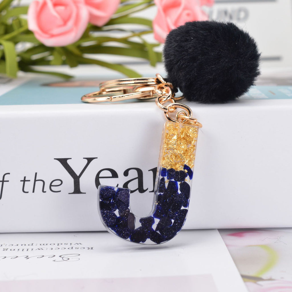 Glitter Resin Initial Keychain With Fur Pom - J